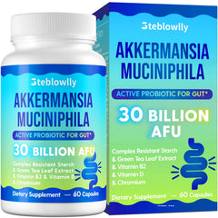 Steblowlly Akkermansia bottle label showing daily probiotic packaging for gut support.