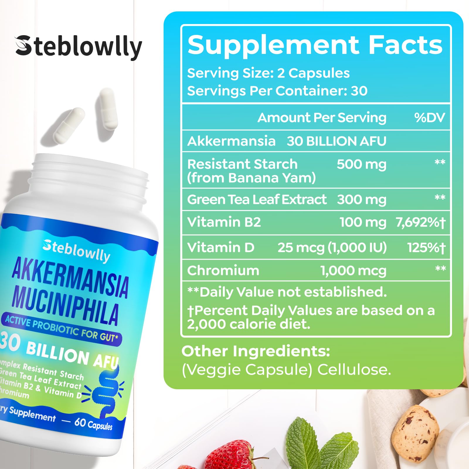 Steblowlly Akkermansia capsules closeup highlighting delayed-release formulation protecting the stomach.