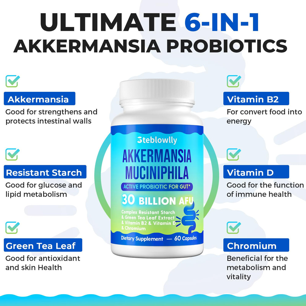 Steblowlly Akkermansia delayed-release capsules emphasize targeted intestine delivery.