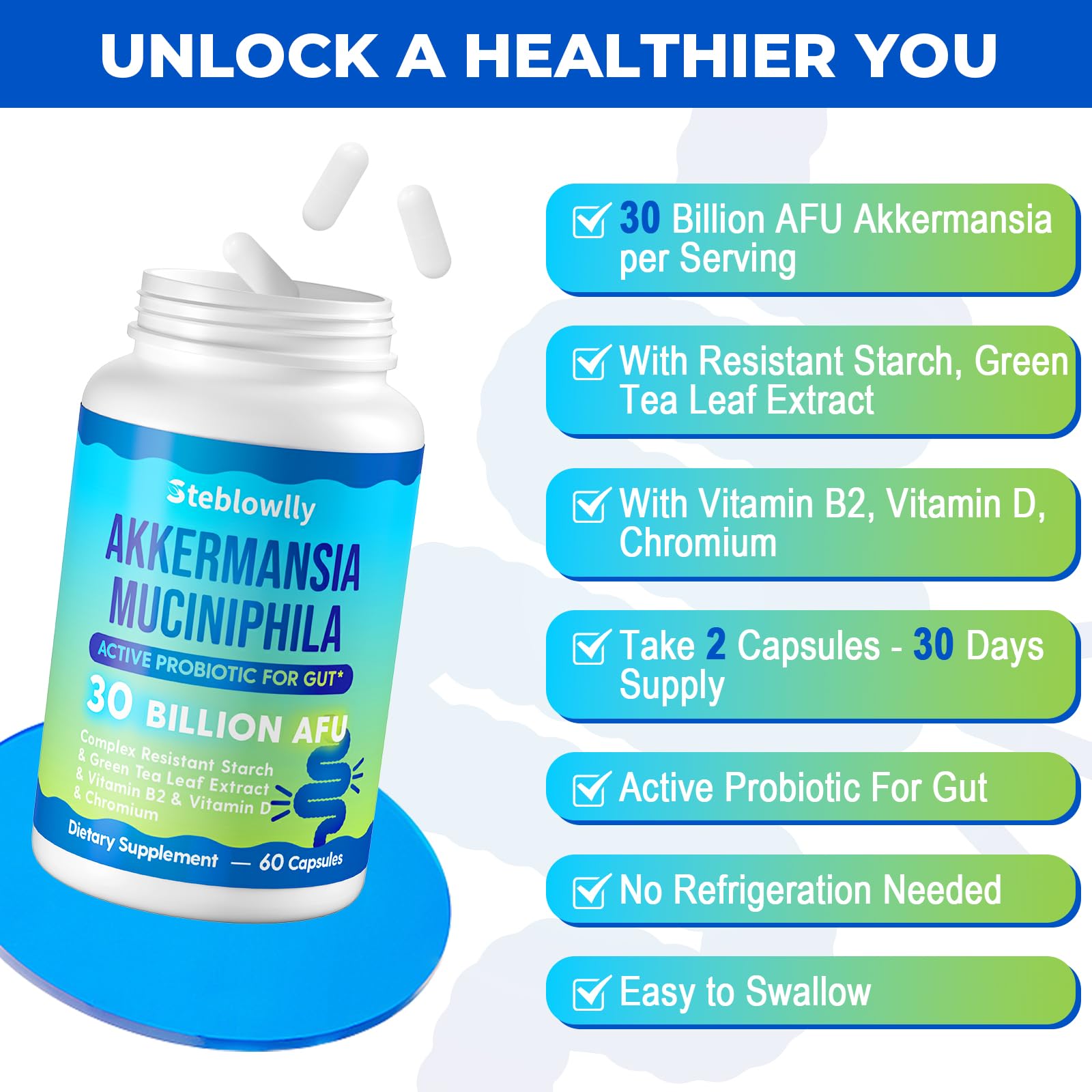 Steblowlly Akkermansia green tea leaf ingredient icon signals added metabolic support.