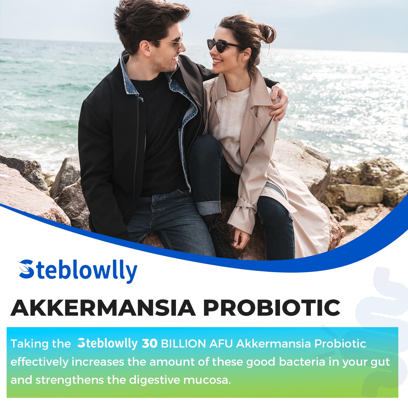 Steblowlly Akkermansia packaging opens to reveal two-capsule daily routine.