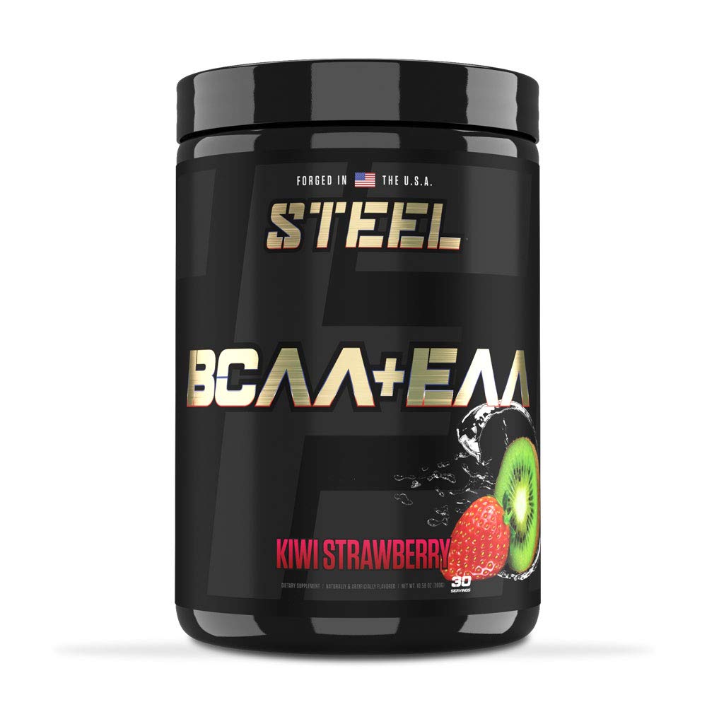 Steel Supplements BCaa-EAA powder bottle showcases post-workout recovery support.