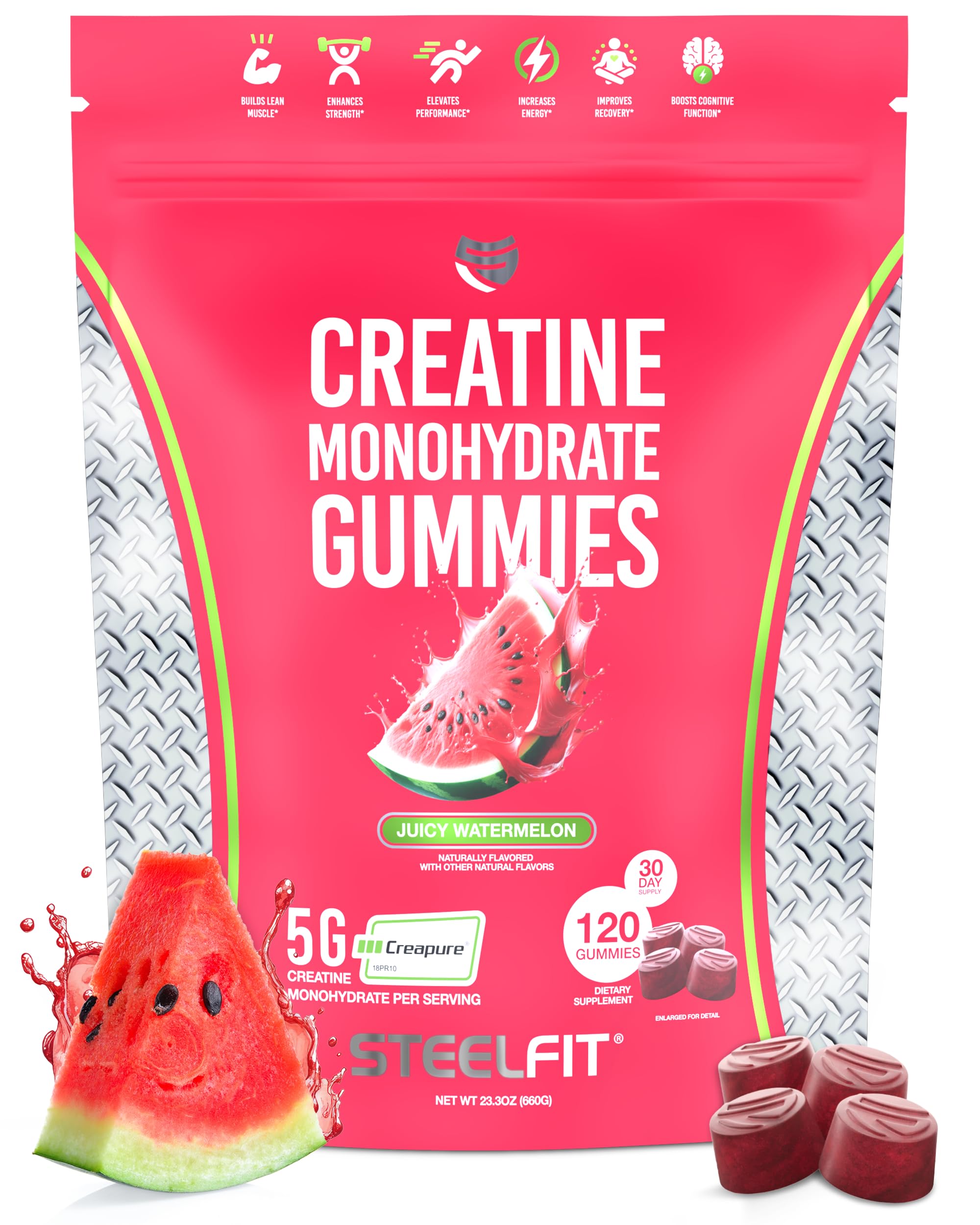 SteelFit Creapure Gummies watermelon bottle shows convenient pre-workout fuel
