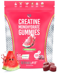 SteelFit Creapure Gummies watermelon bottle shows convenient pre-workout fuel