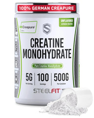 SteelFit Creapure creatine monohydrate powder jar showcases purity and energy support.