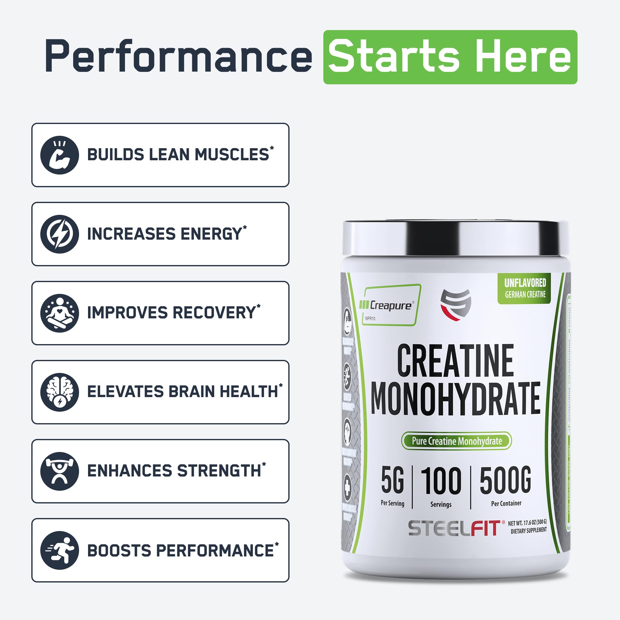 SteelFit Creapure scoop measures a precise five-gram serving for workouts.