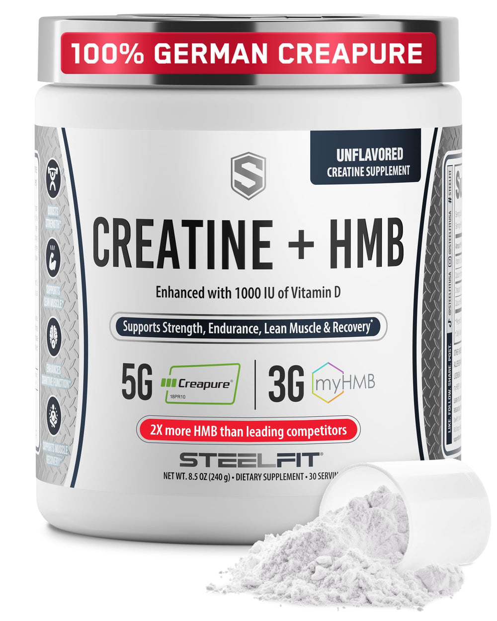SteelFit Creatine HMB powder bottle ready for daily strength training.