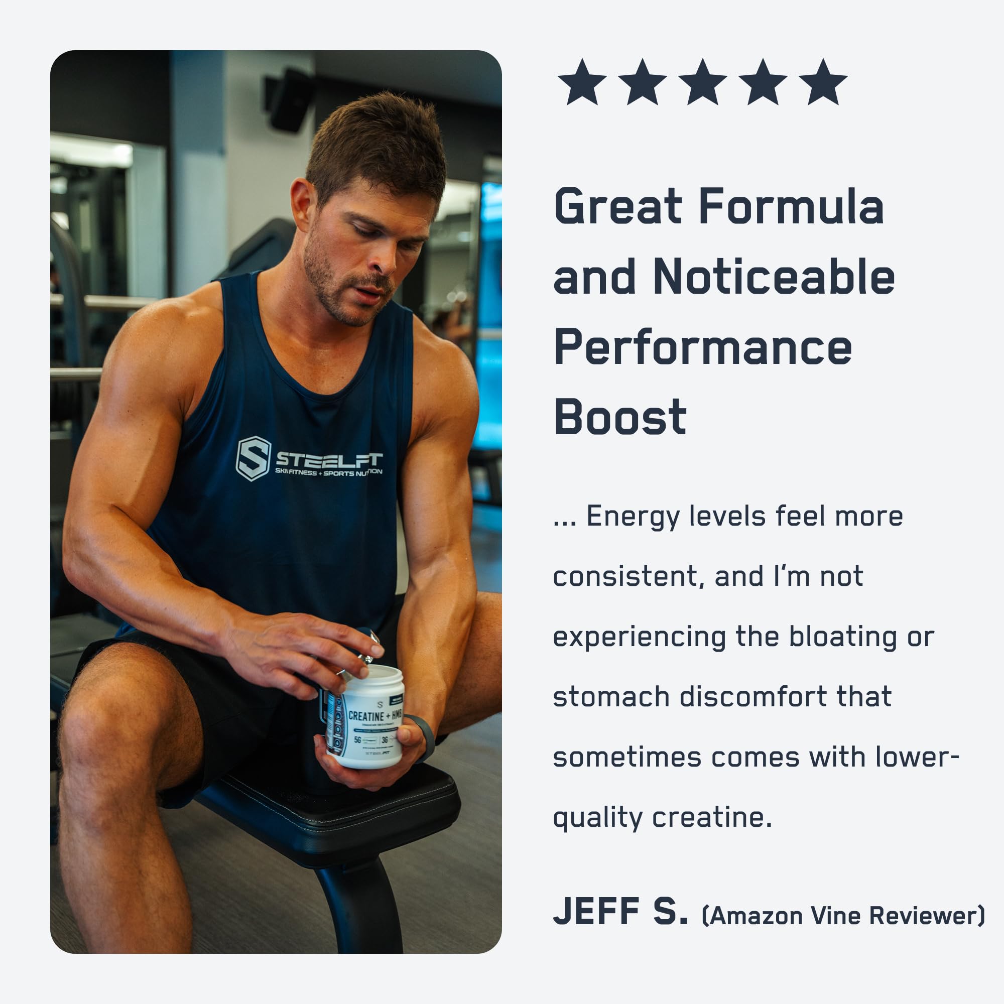 SteelFit Creatine HMB powder label closeup highlighting Creapure purity.