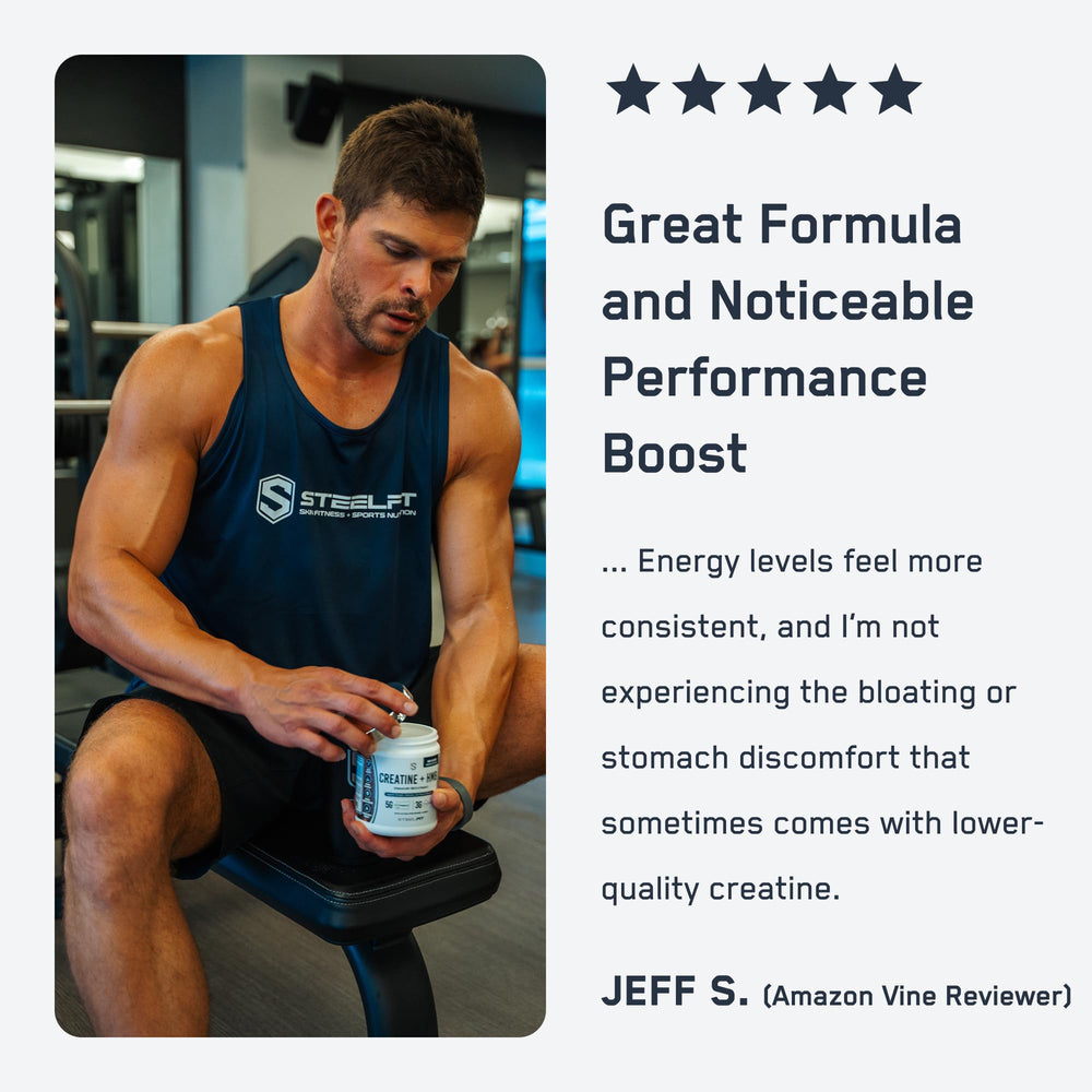 SteelFit Creatine HMB powder label closeup highlighting Creapure purity.