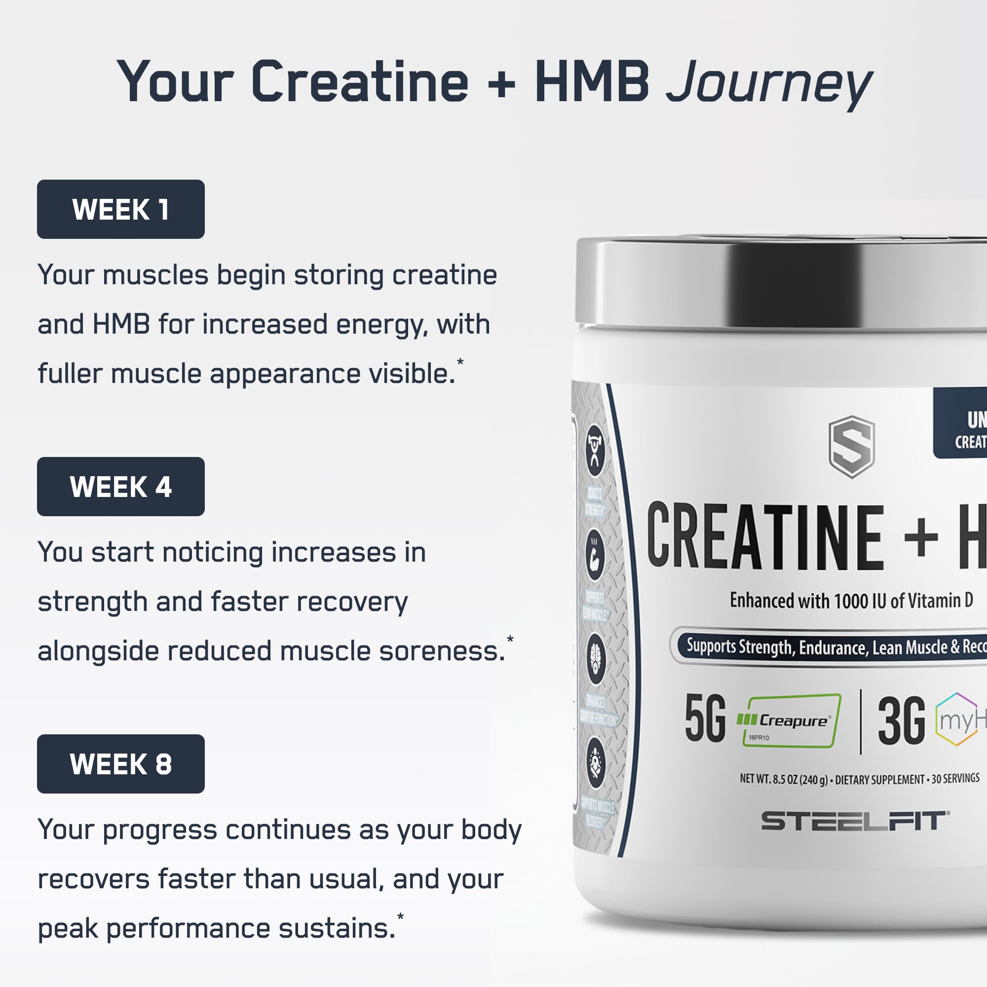 SteelFit Creatine HMB powder measuring dose for a consistent daily routine.