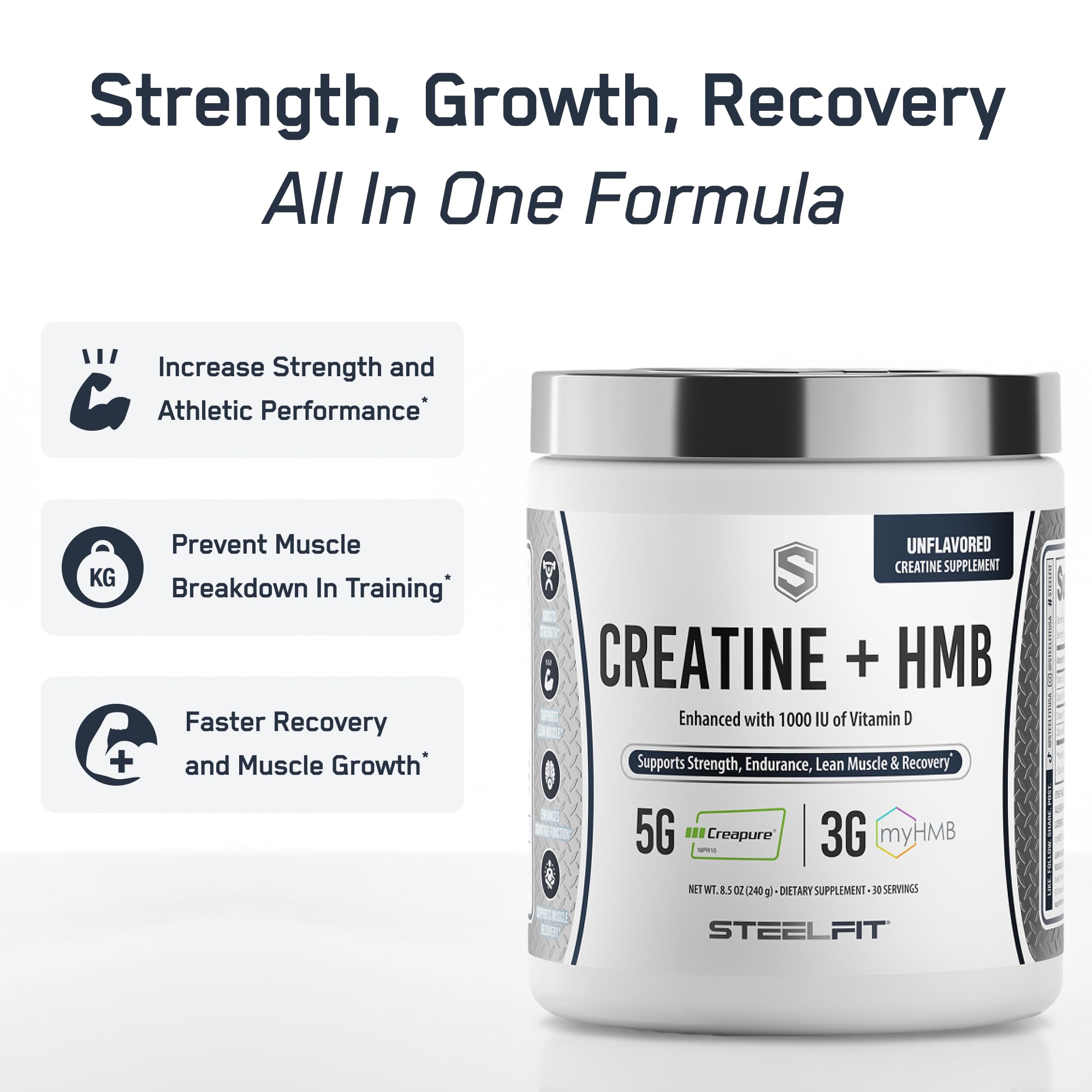 SteelFit Creatine HMB powder scoop for easy daily serving during workouts.