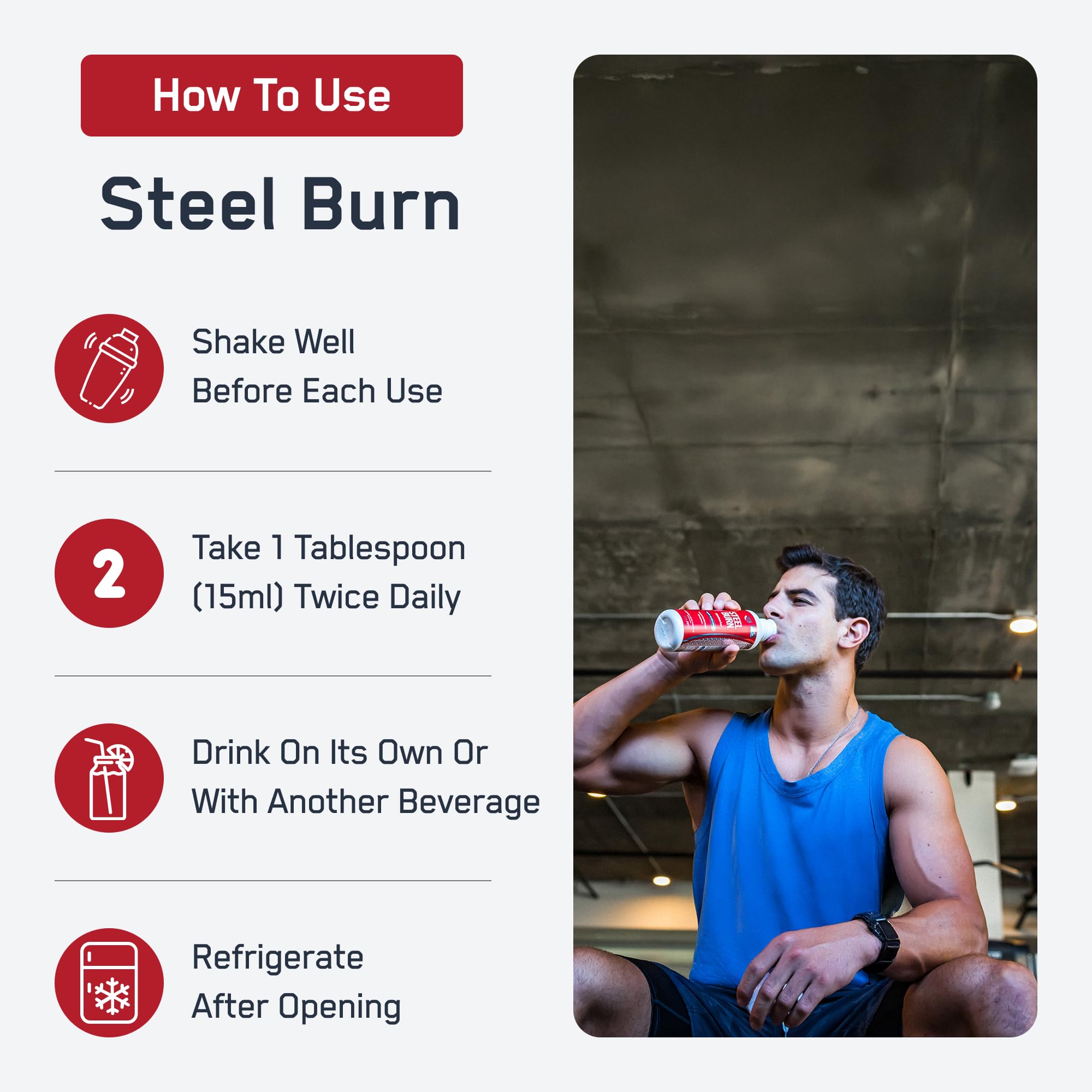 SteelFit Steel Burn glass with liquid served over ice, ready for a workout drink.