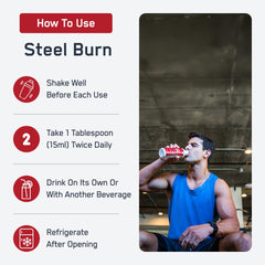 SteelFit Steel Burn glass with liquid served over ice, ready for a workout drink.