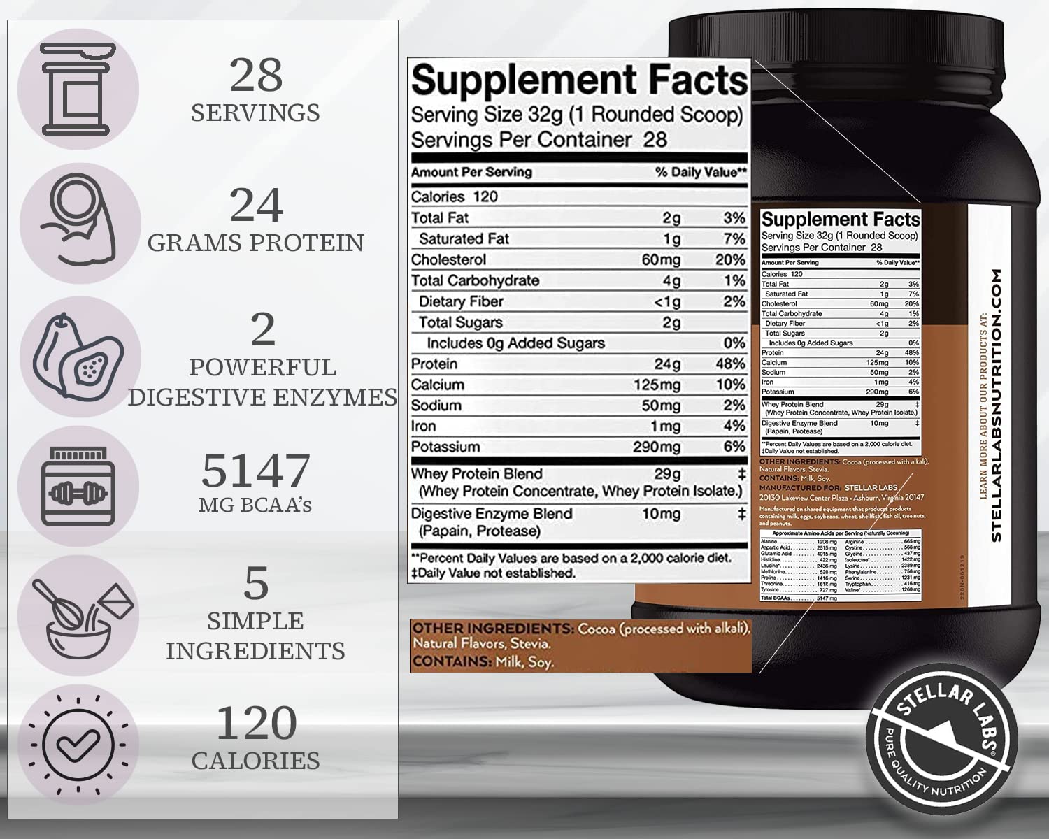 Stellar Labs whey protein chocolate tub closeup highlighting premium protein blend