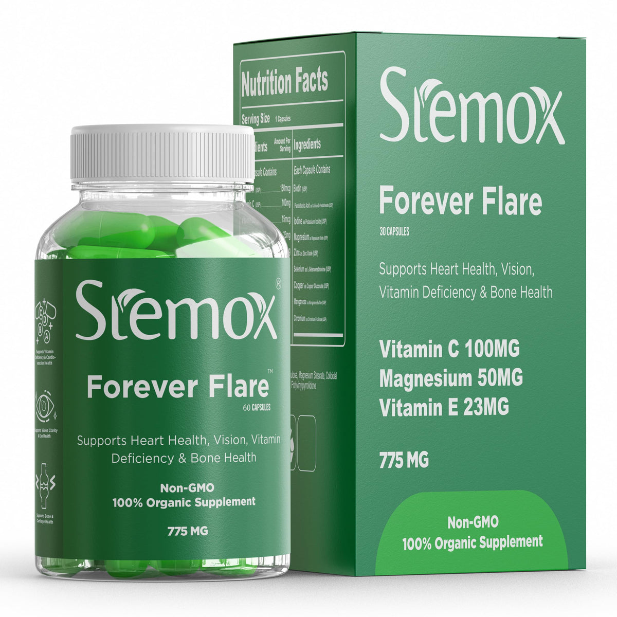 Stemox Forever Flare Vitamin C tablet close-up showing immune support and antioxidant protection