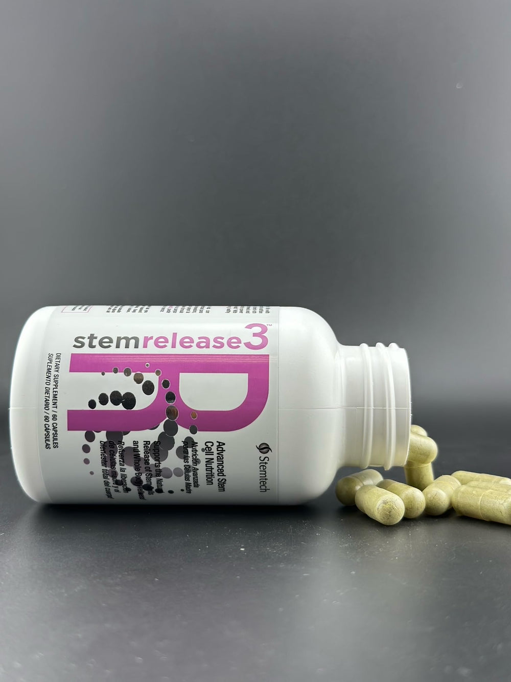 StemTech StemRelease3 bottle label detail highlights exclusive blend for wellness support.