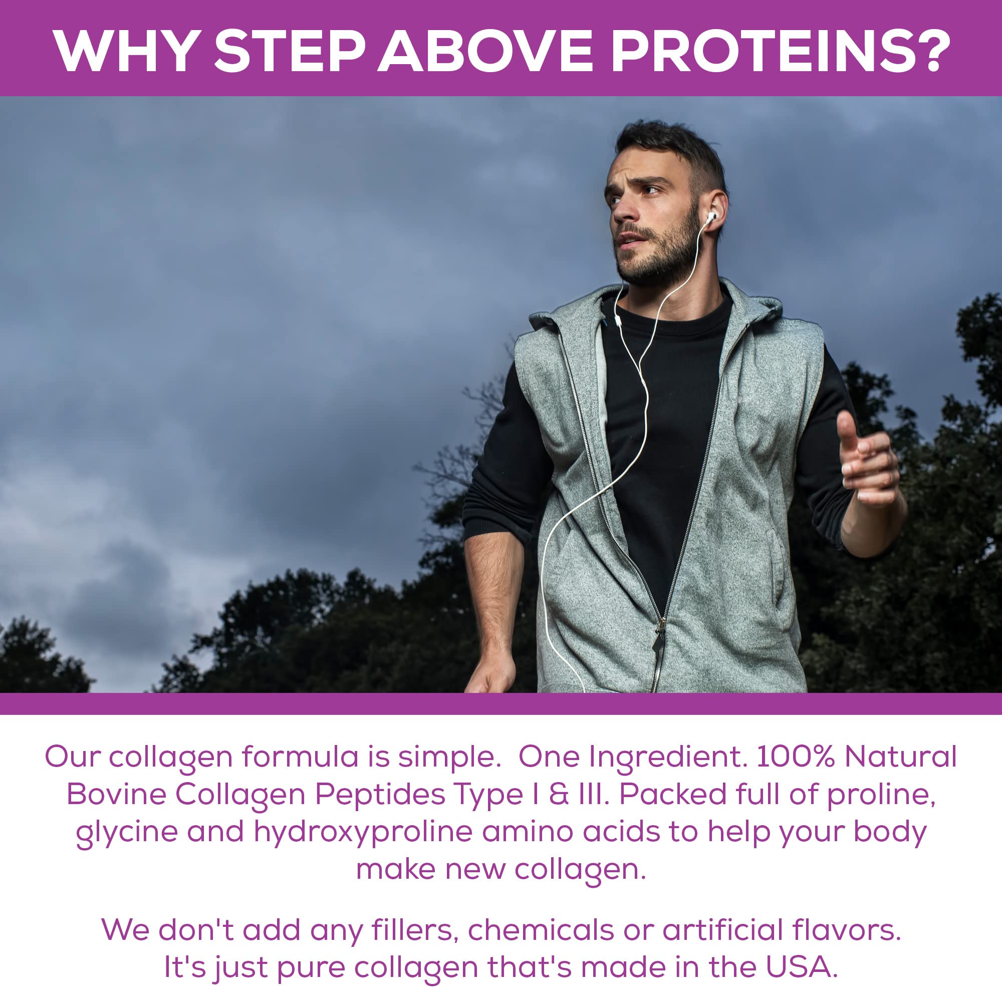 Step Above Proteins collagen label emphasizes made in the USA and purity.