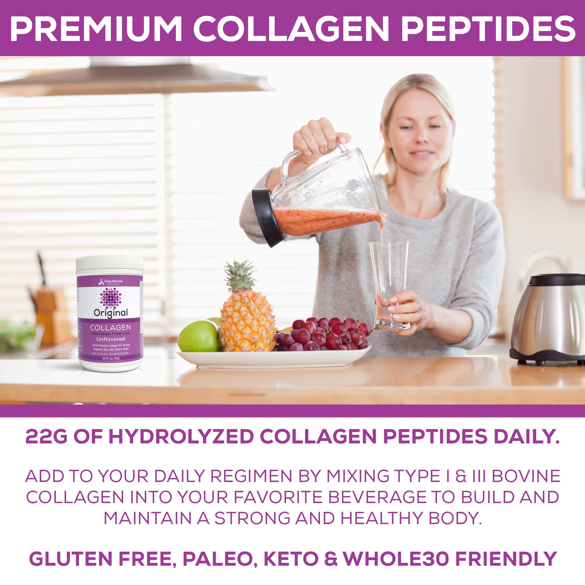 Step Above Proteins collagen mixing glass demonstrates easy drink integration.