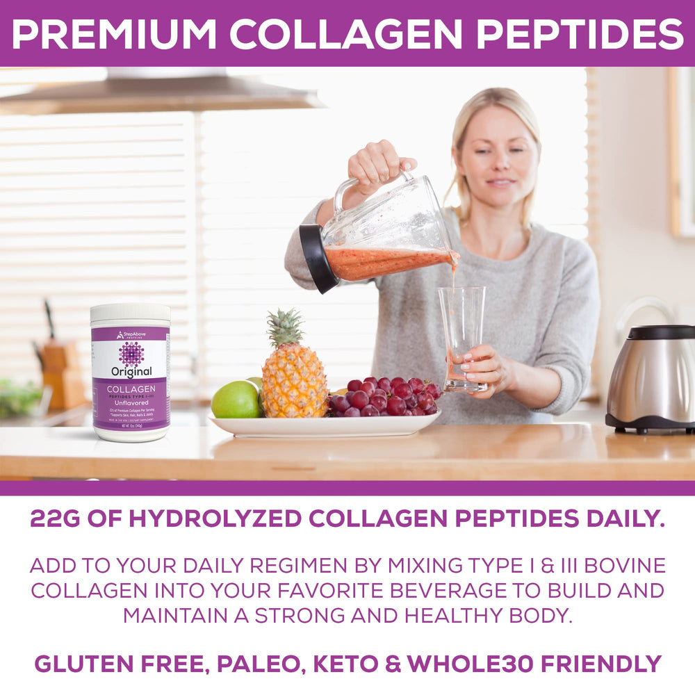 Step Above Proteins collagen mixing glass demonstrates easy drink integration.
