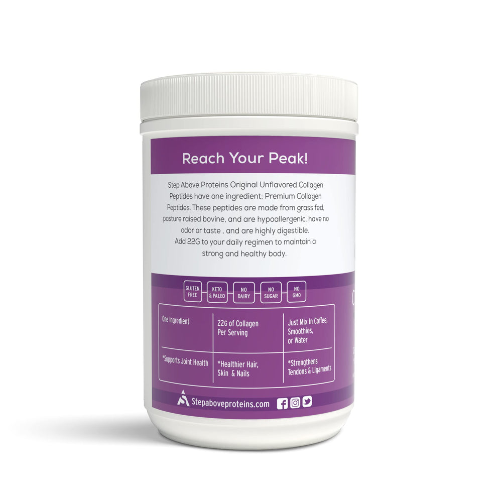 Step Above Proteins bottle close-up hints at skin and nails wellness potential.