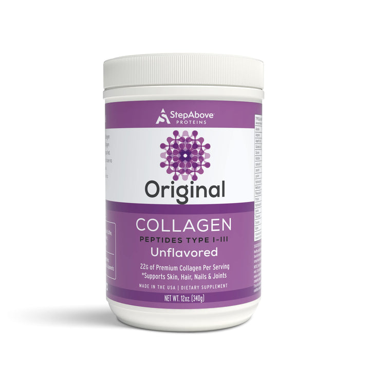 Step Above Proteins Original Collagen bottle showcasing premium hydrolyzed collagen for recovery.