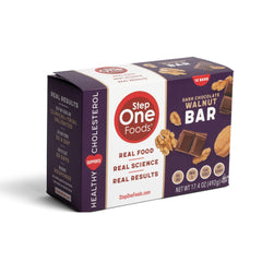 Step One Foods dark chocolate walnut bars pack front showing heart-healthy snack