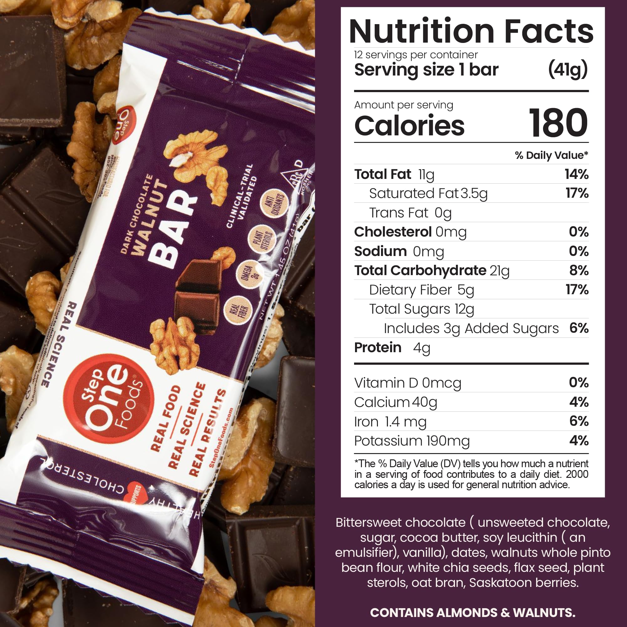 Step One Foods dark chocolate walnut bars single bar for on-the-go nutrition
