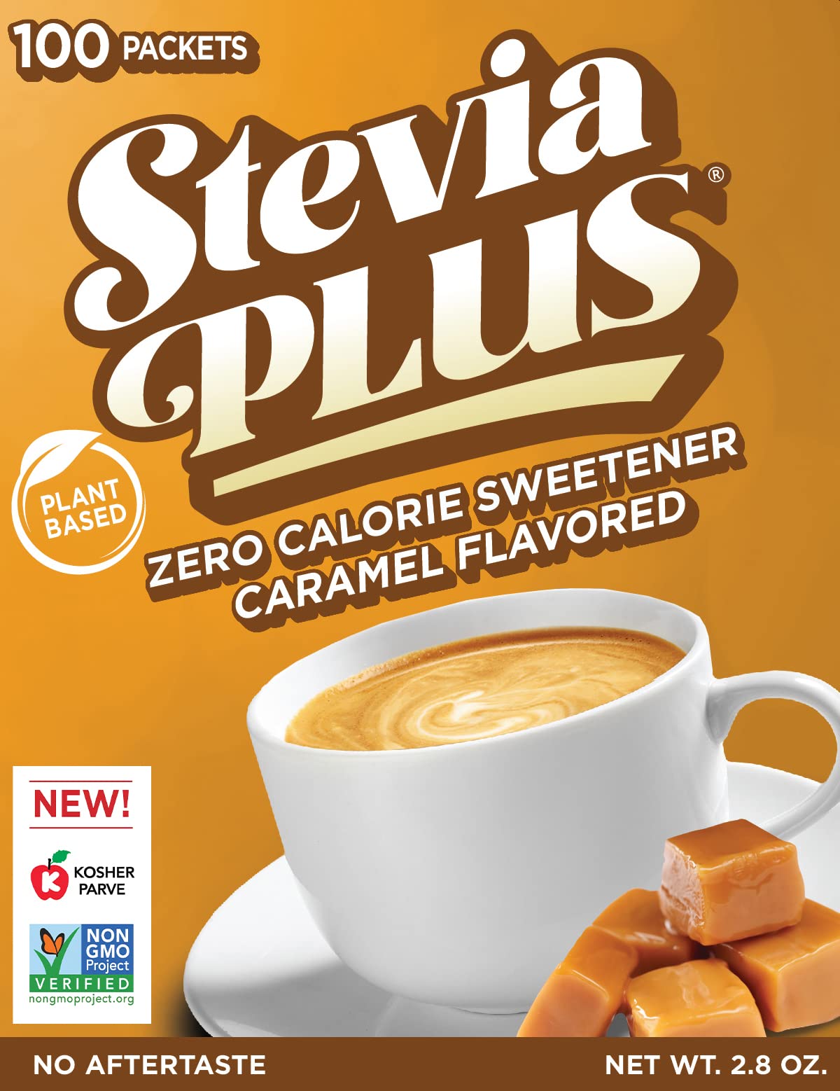 Stevia Plus packaging shows zero-calorie sweetness for daily use