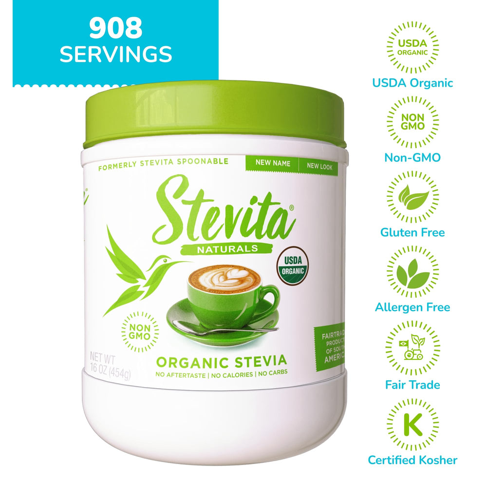 Stevita measuring spoon with stevia for precise baking and hot drinks.