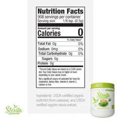 Close-up of Stevita jar highlighting organic ingredients and packaging