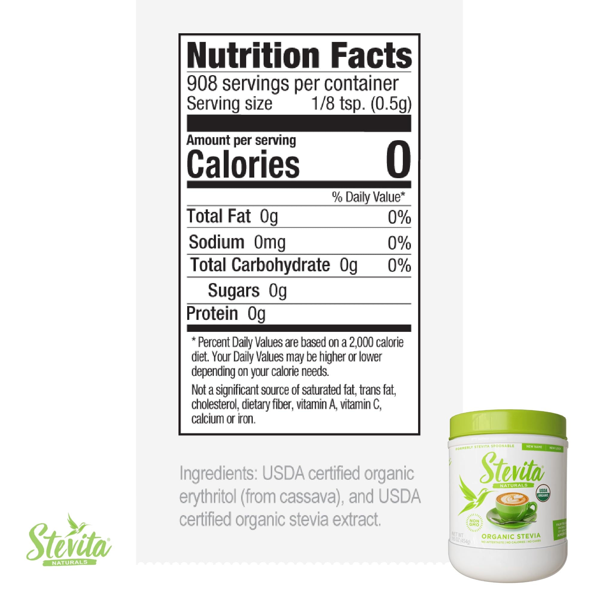 Stevita organic stevia label closeup highlighting certification and clean sweetness.