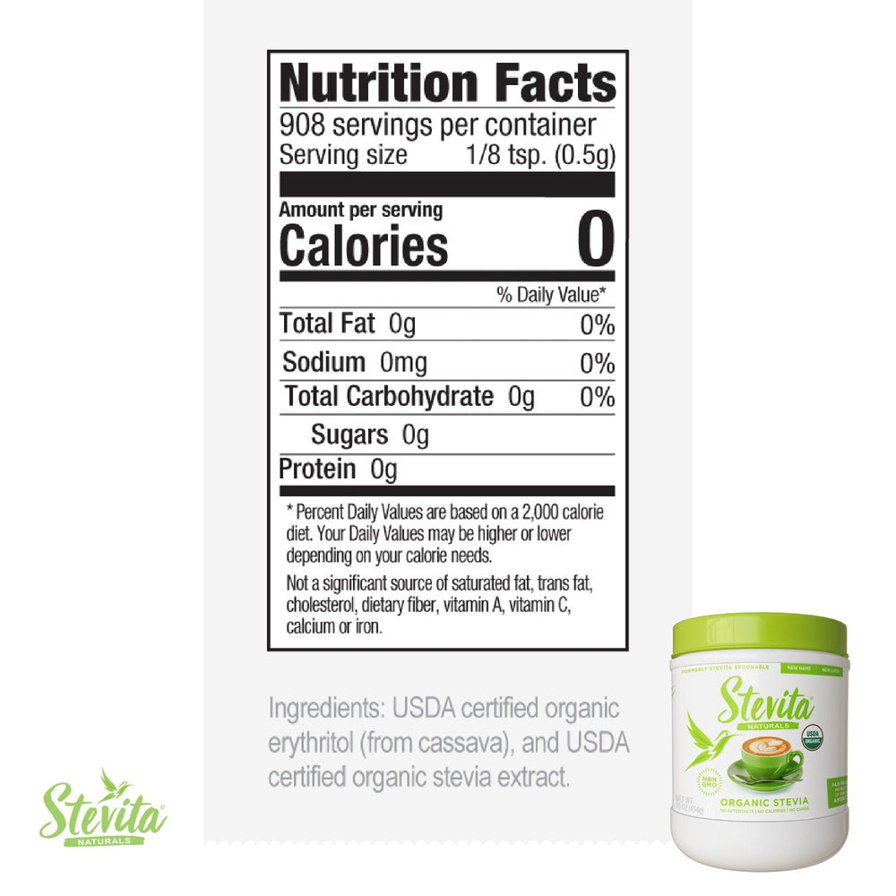 Stevita organic stevia label closeup highlighting certification and clean sweetness.