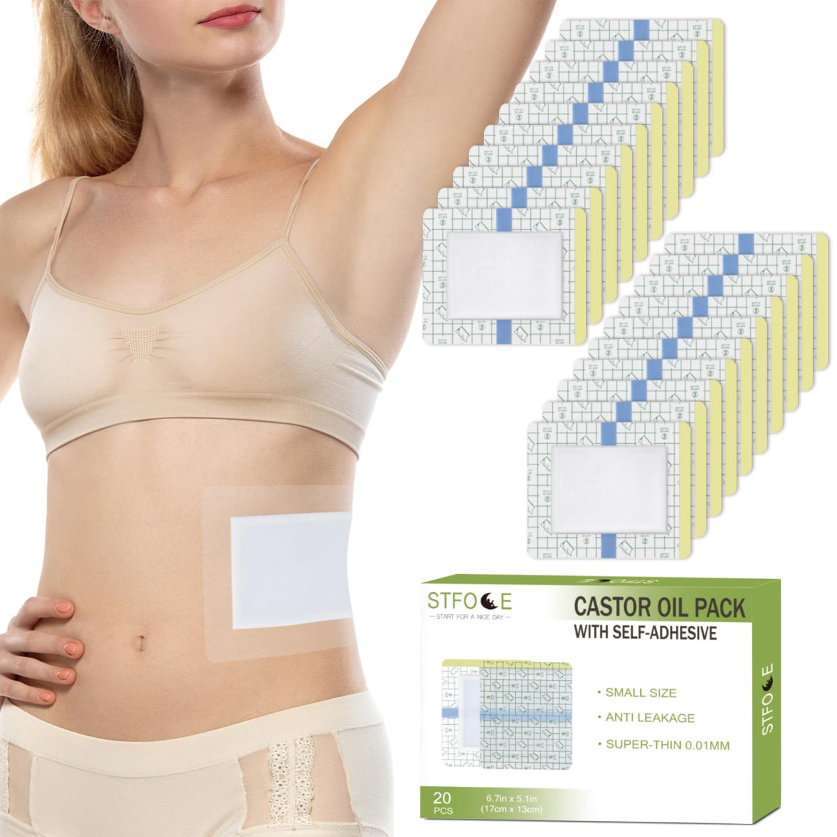 STFOCE castor oil pack wrap with transparent film for secure adhesion during movement.
