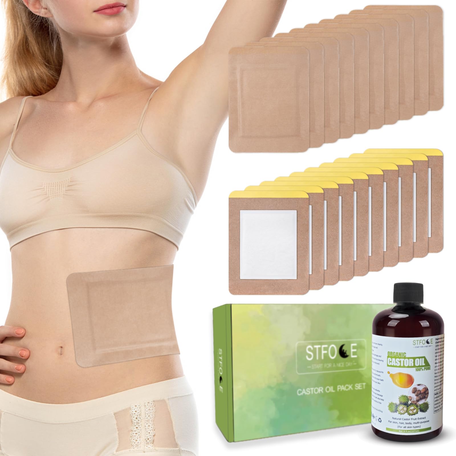 STFOCE castor oil pack wrap front view shows compact design for comfortable wear.