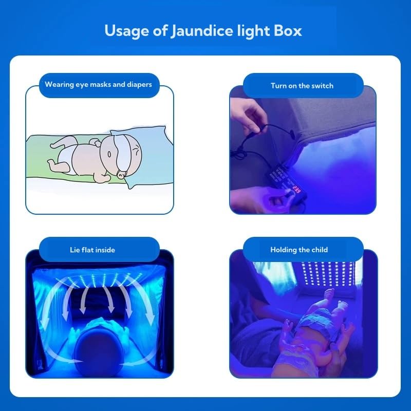 Stickfrease blue light lamp closeup showing UV-free phototherapy for newborns.