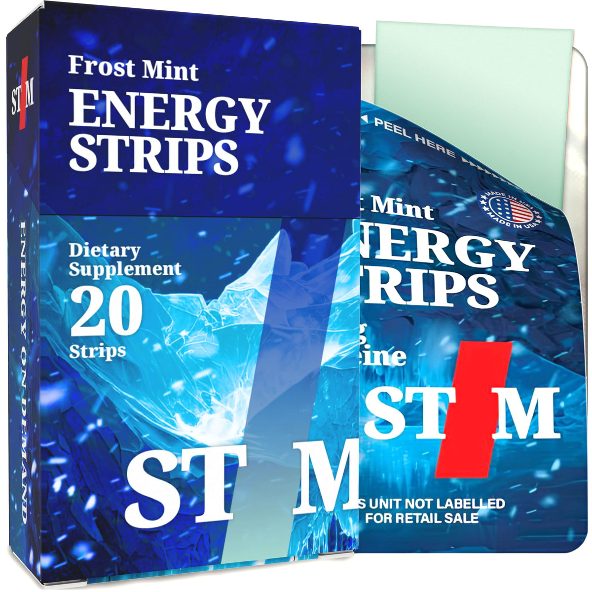 STIM Frost Mint fast-dissolving strip closeup for rapid buccal absorption.
