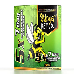 Close-up of Stinger Detox 5X label showing ingredients and branding