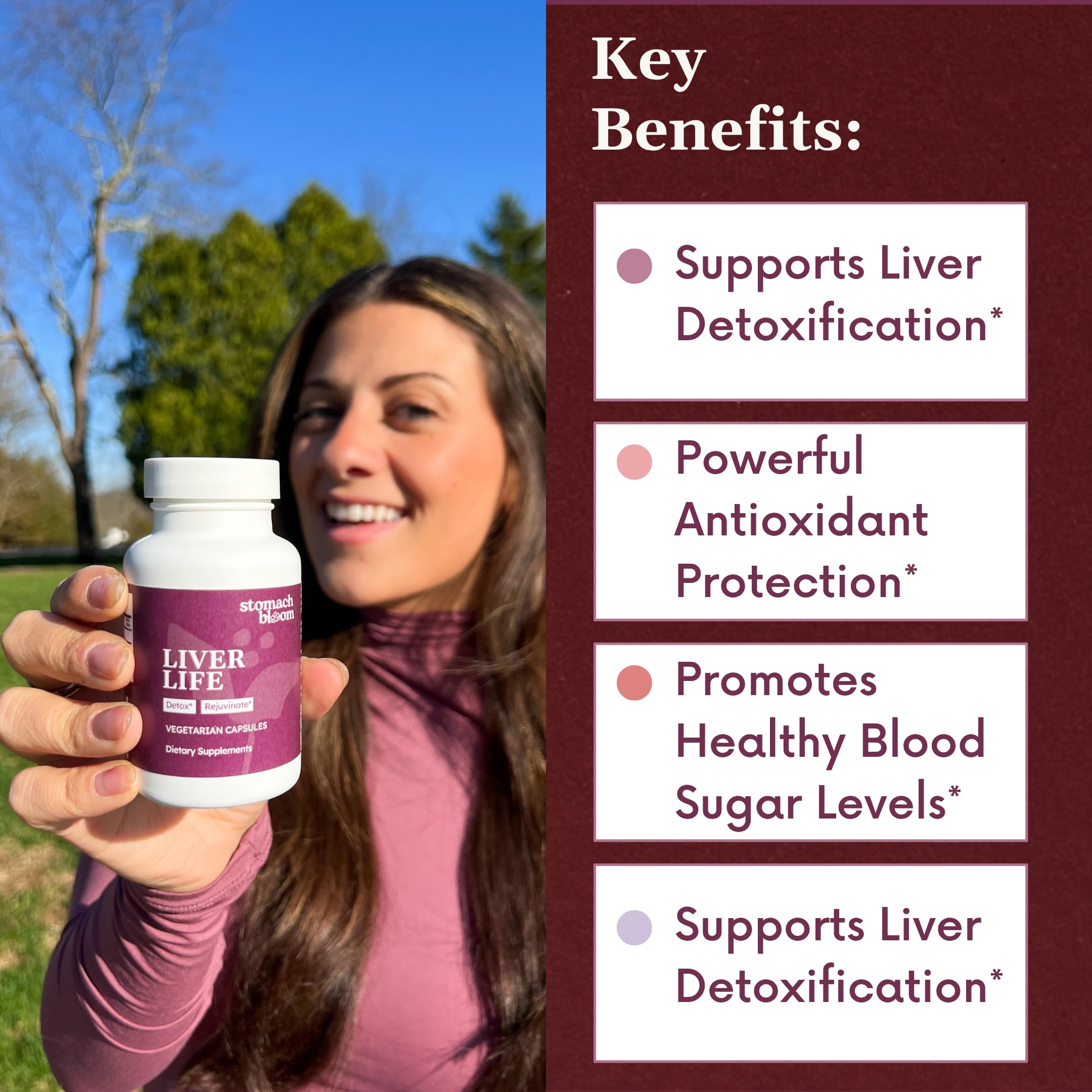 Stomach Bloom Liver Detox capsules on package highlighting easy daily use