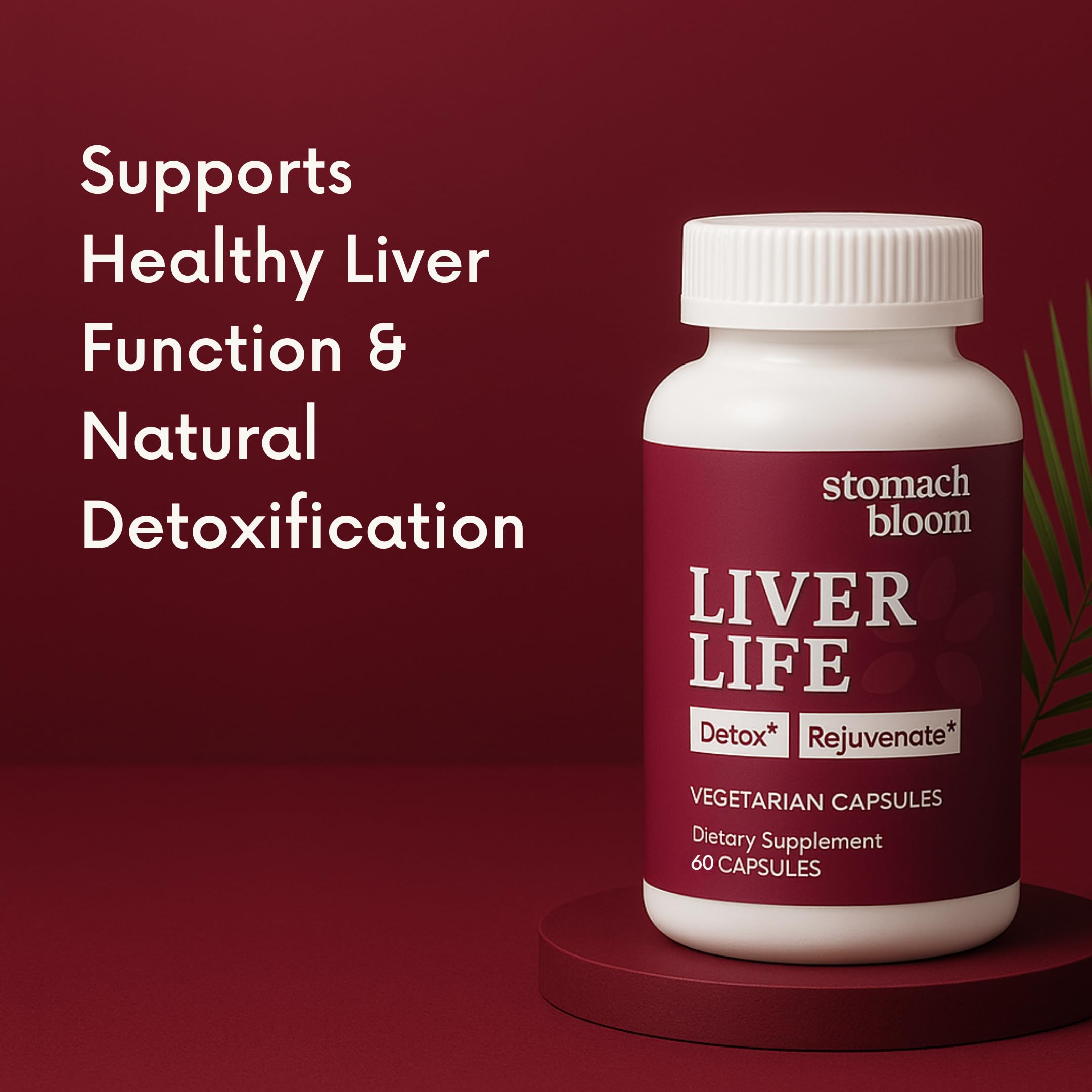 Stomach Bloom Liver Detox bottle with plant imagery conveys natural wellness