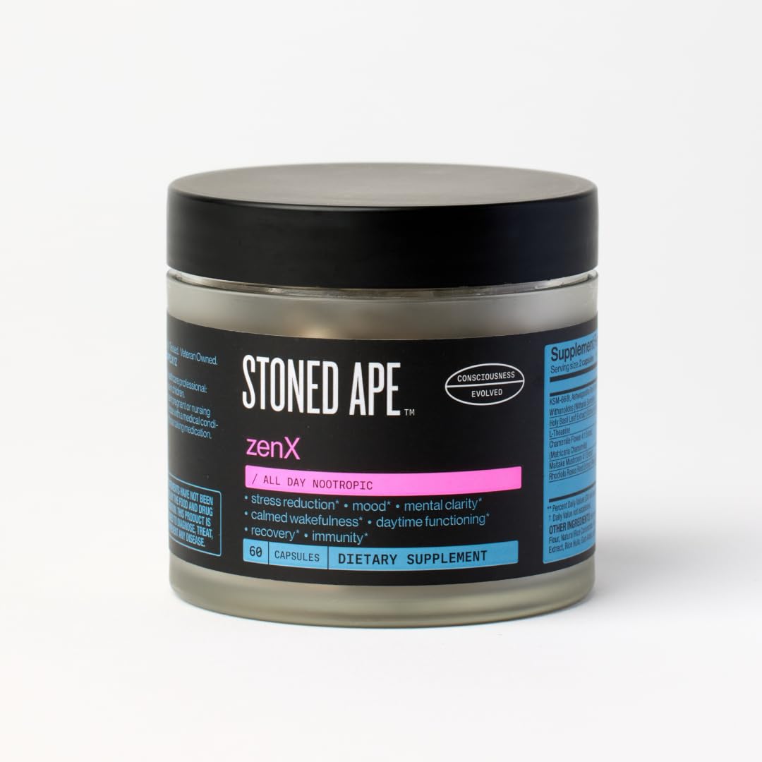 Stoned Ape ZenX bottle being poured for daily balance and focus