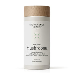 Stonehenge Dynamic Health Mushrooms bottle front, highlighting the 5-mushroom complex for cognitive support.