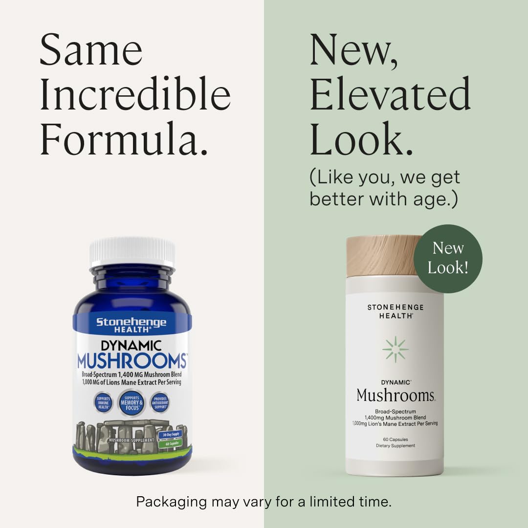 Stonehenge Dynamic Health Mushrooms capsules close-up, suggesting convenient daily immune support.