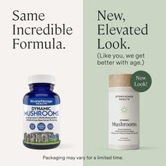 Stonehenge Dynamic Health Mushrooms capsules close-up, suggesting convenient daily immune support.