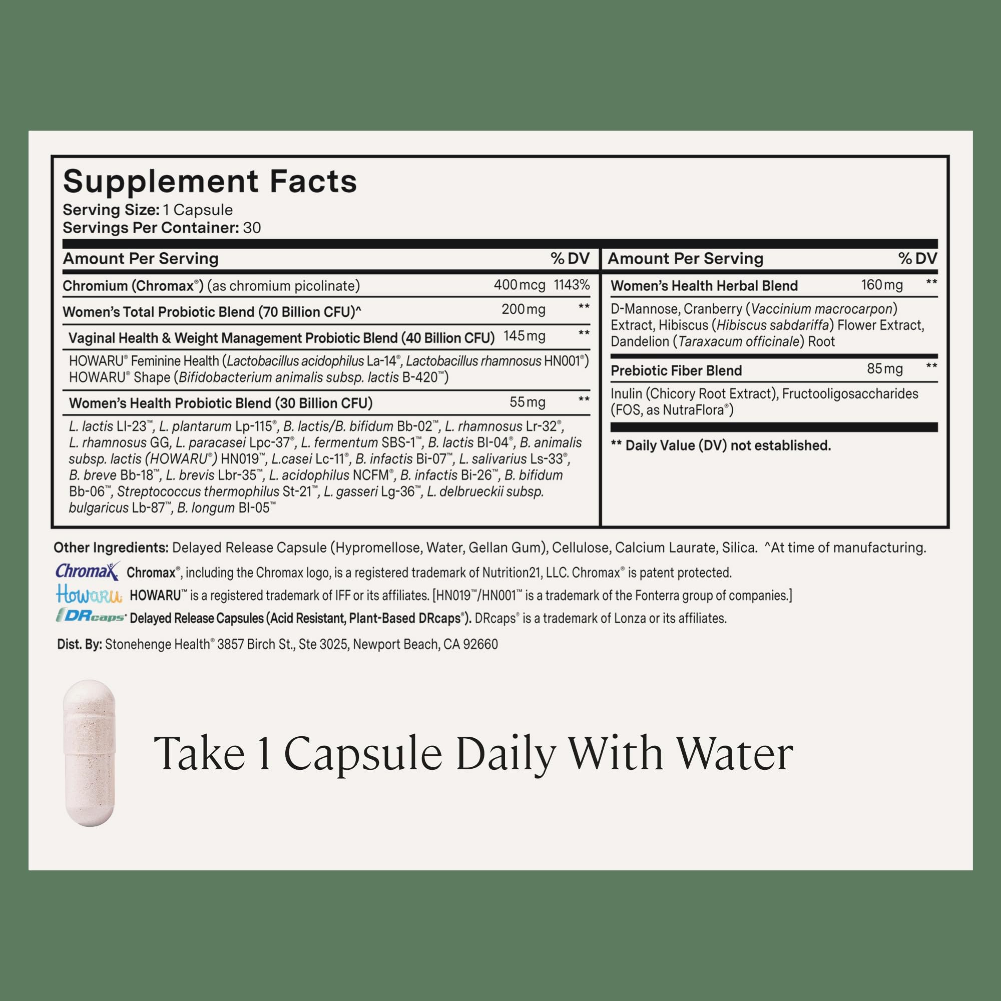 Stonehenge Health Biotics for Women amber glass bottle protects from moisture