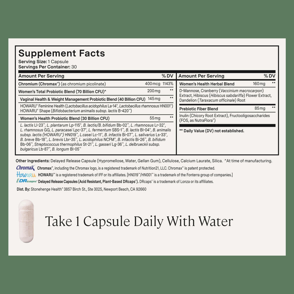 Stonehenge Health Biotics for Women amber glass bottle protects from moisture