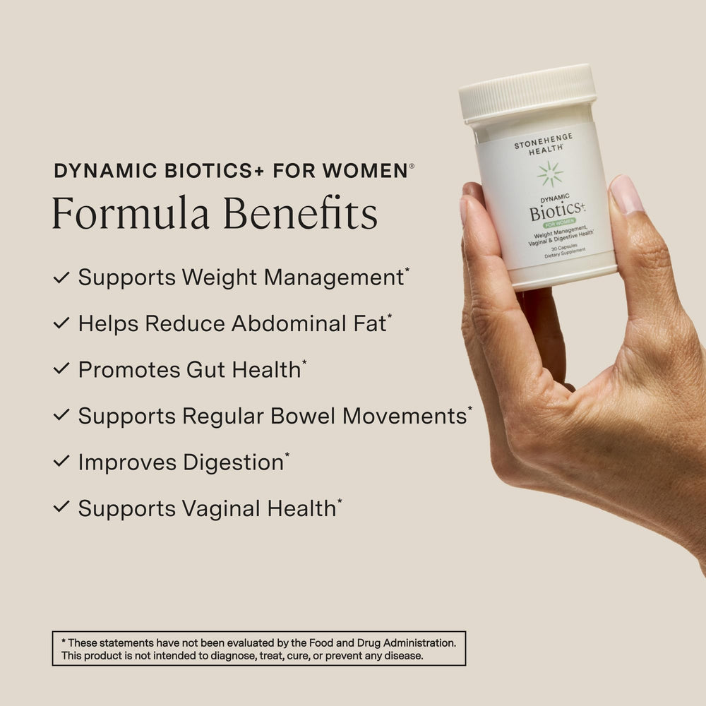 Stonehenge Health Biotics for Women capsules closeup highlighting delayed-release capsules