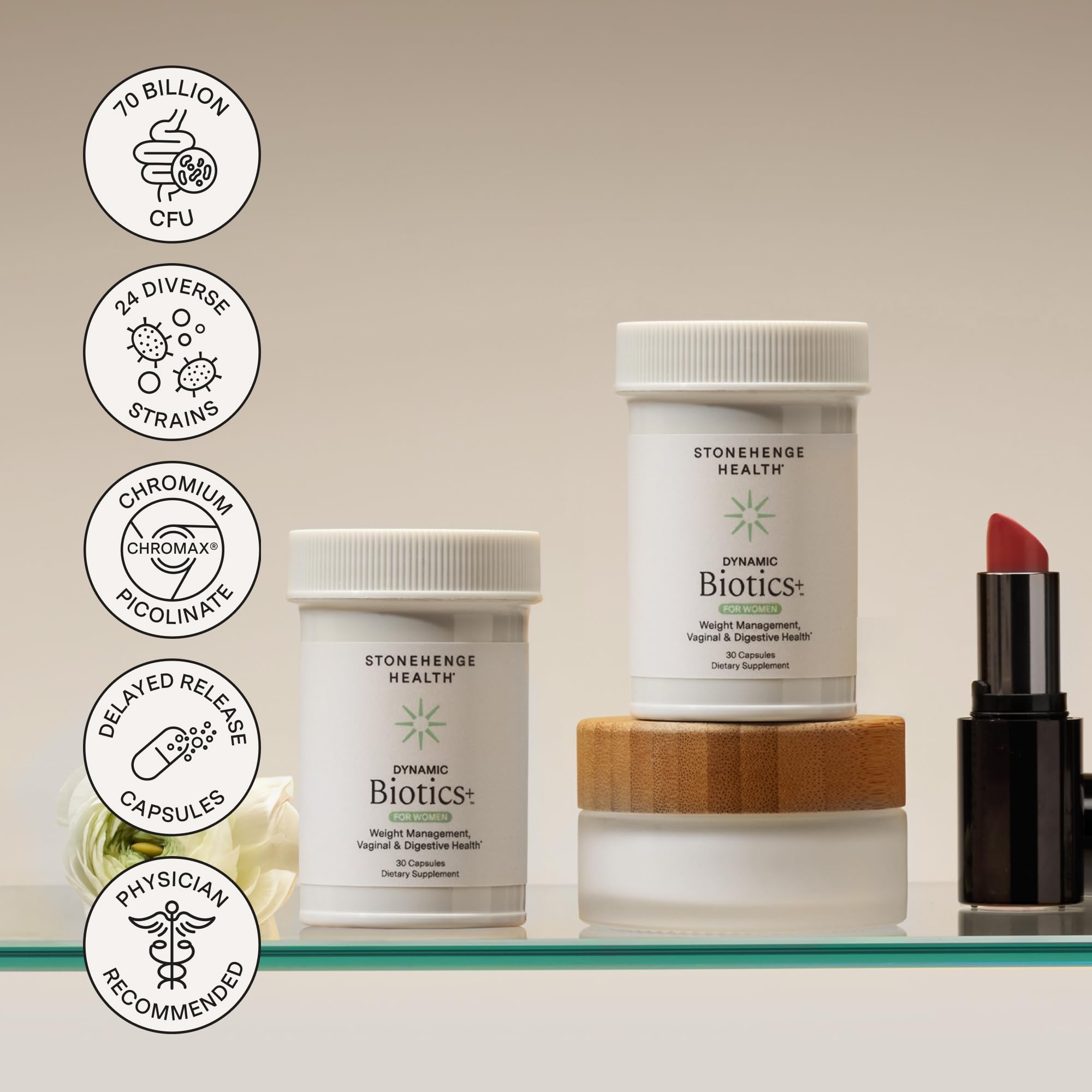 Stonehenge Health Biotics for Women USA-made facility badge signals quality