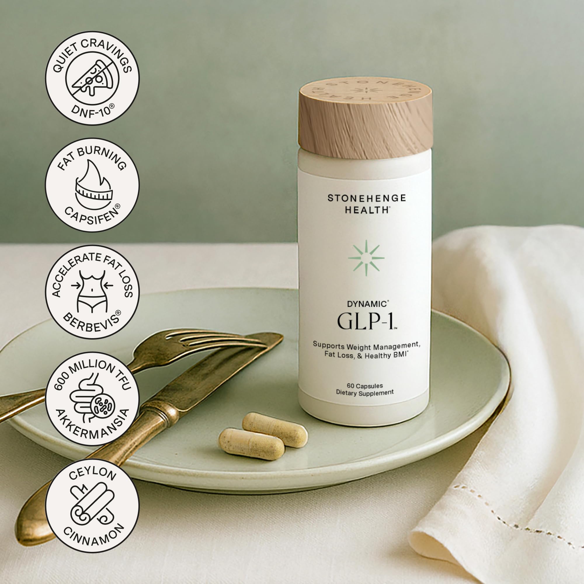 Label emphasizes vegan and allergen-free features on GLP-1 bottle.