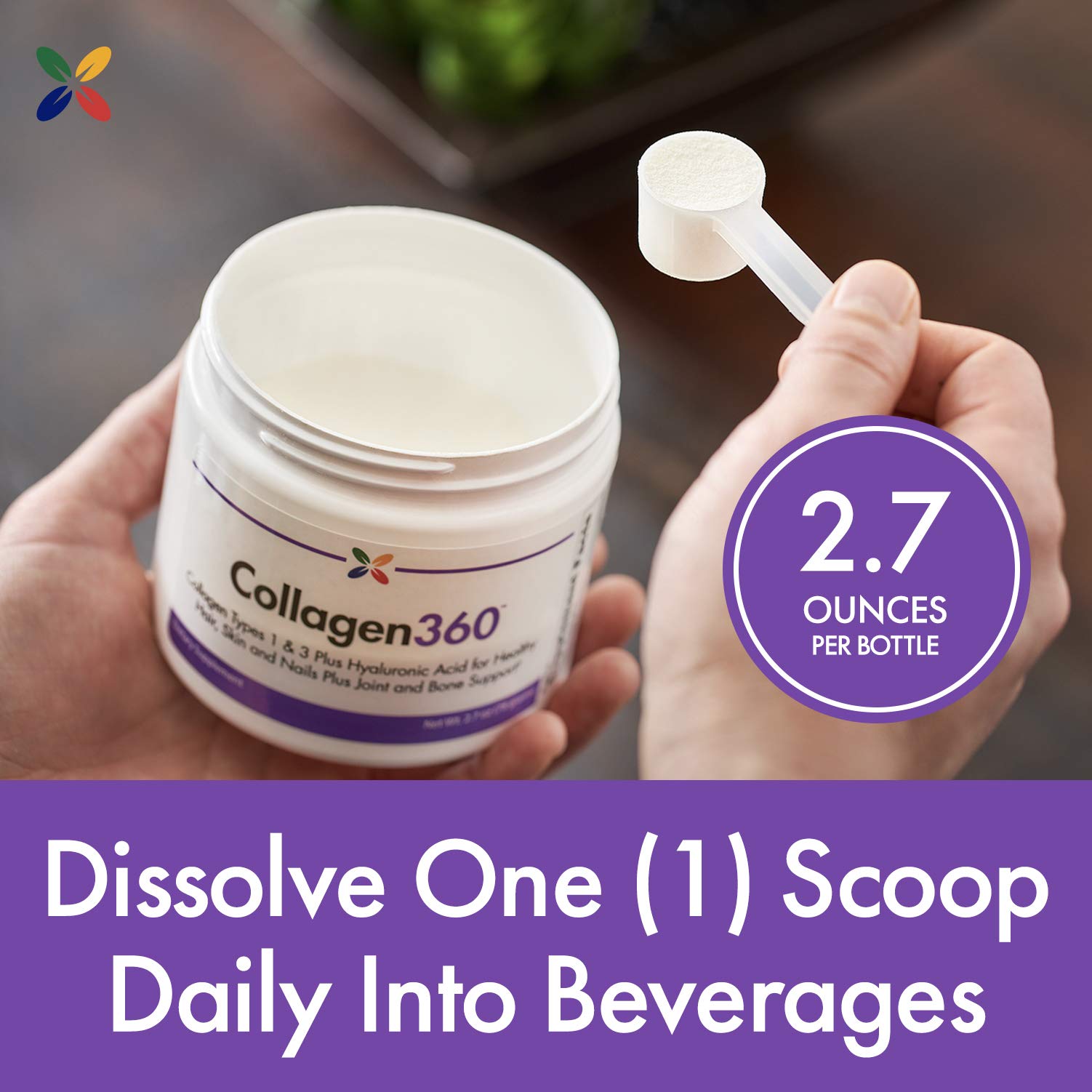 Stop Aging Now Collagen360 packaging highlights a sturdy 2.7 oz tub for everyday use.