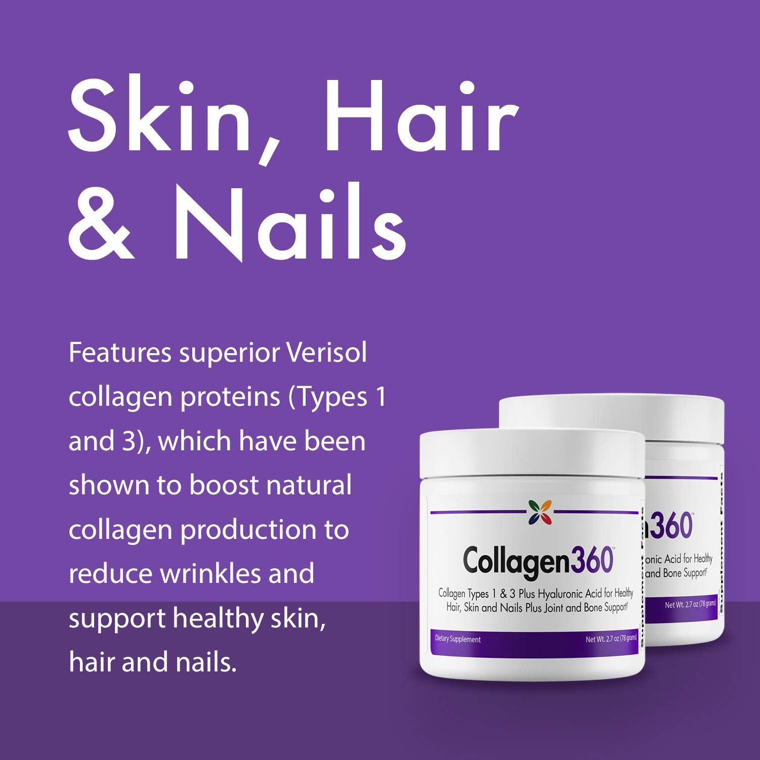 Stop Aging Now Collagen360 scoop for easy daily collagen and hyaluronic acid intake.
